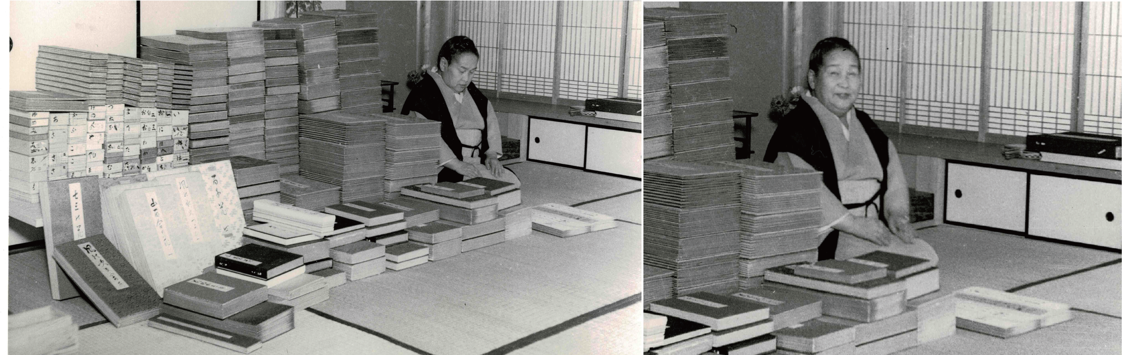 DEGUCHI Sumiko, the 2nd head, of Oomoto , surrounded by books written by her husband, Onisaburo